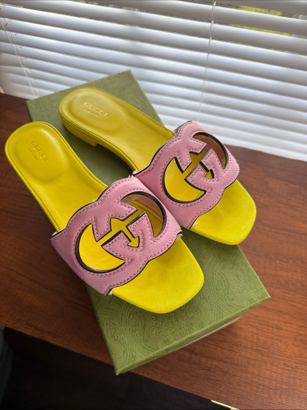 Gucci Interlocking G Pink Yellow Suede Slide Sandals 37.5